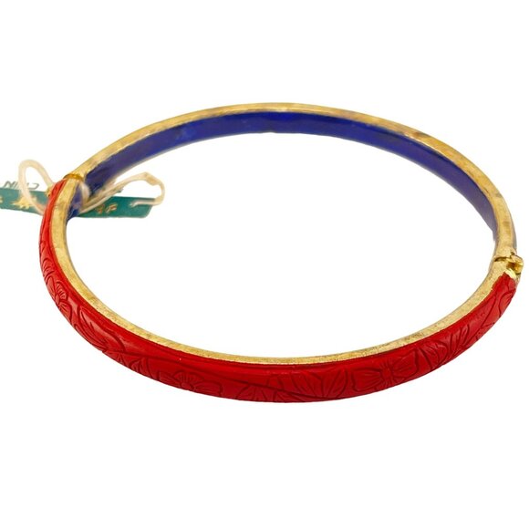 Chinese Export 1970s Enameled Cloisonne Cinnabar Hinged Bracelet Red Blue - Picture 3 of 4